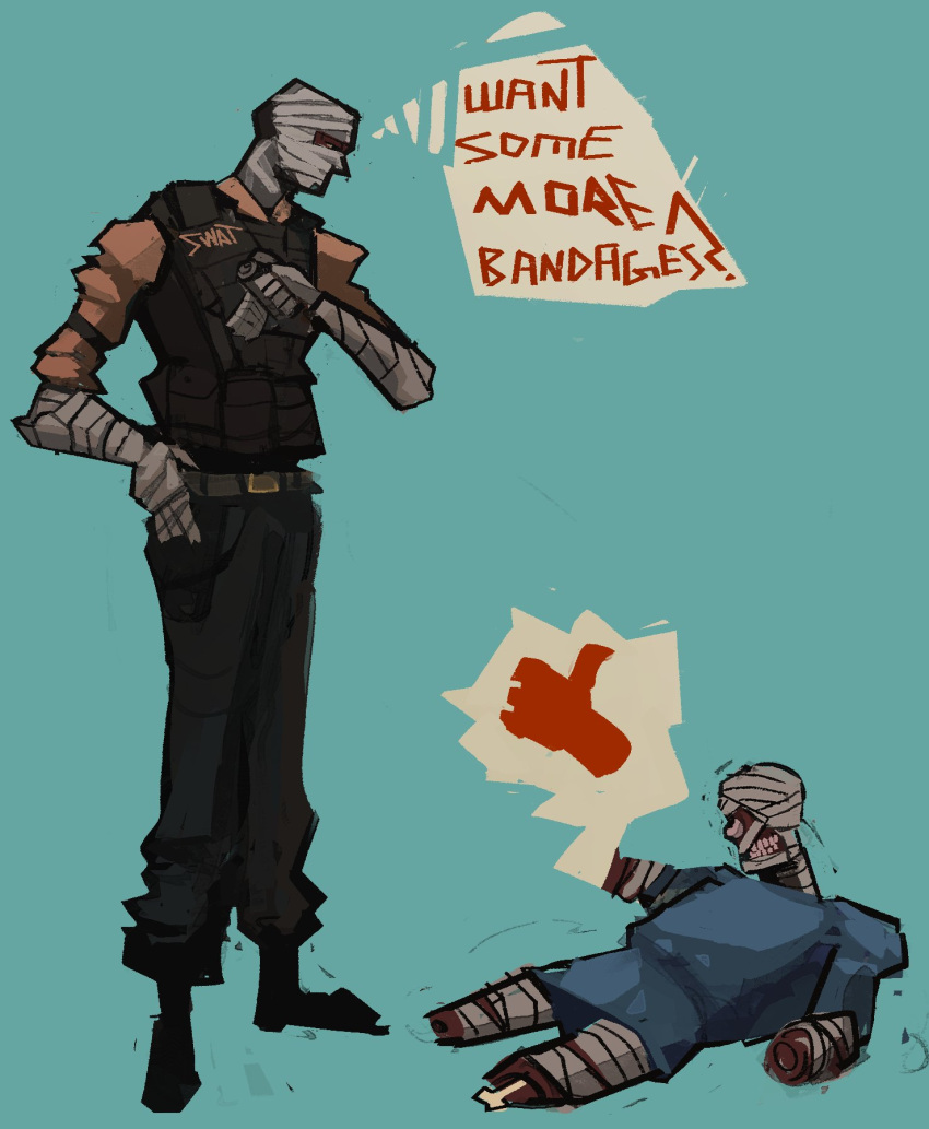 2boys, amputee, bandages, belt, curly_(mouthwashing), curly_(post-crash), english_text, fallout, fallout:_new_vegas, full_body, highres, joshua_graham, looking_at_another, multiple_boys, quadruple_amputee, thumbs_up, vei0_deseho