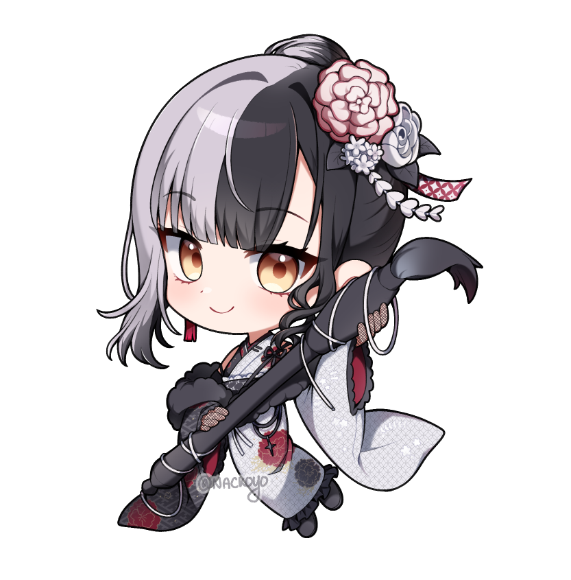 1girl, black_hair, calligraphy_brush, chibi, chibi_only, closed_mouth, fishnet_gloves, fishnets