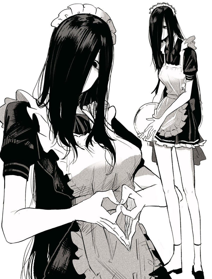 1girl, apron, black_dress, black_hair, covered_eyes, dress, eyes_visible_through_hair, frilled_apron, frills, full_body, hair_over_eyes, heart, heart_hands, highres, holding, holding_tray, long_bangs, long_hair, maid, maid_apron, maid_headdress, original, puffy_short_sleeves, puffy_sleeves, short_sleeves, simple_background, skinny, solo, tall_female, tray, white_apron, ya_si0