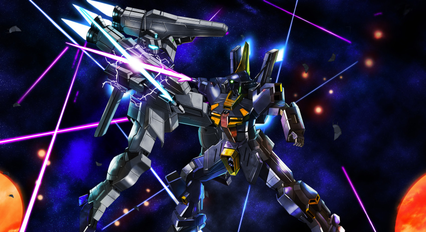 absurdres, assault_visor, battle, blue_visor, commentary_request, commission, electricity, energy_sword