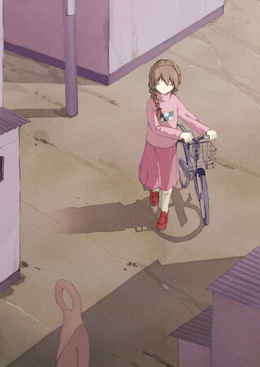1girl, bicycle, braid, brown_hair, closed_eyes, fuyuki_eru, hashtag-only_commentary, highres, long_hair, long_sleeves, madotsuki, no_mouth, outdoors, pink_skirt, pink_sweater, red_shoes, shadow, shoes, skirt, socks, solo, standing, sweater, white_socks, yume_nikki