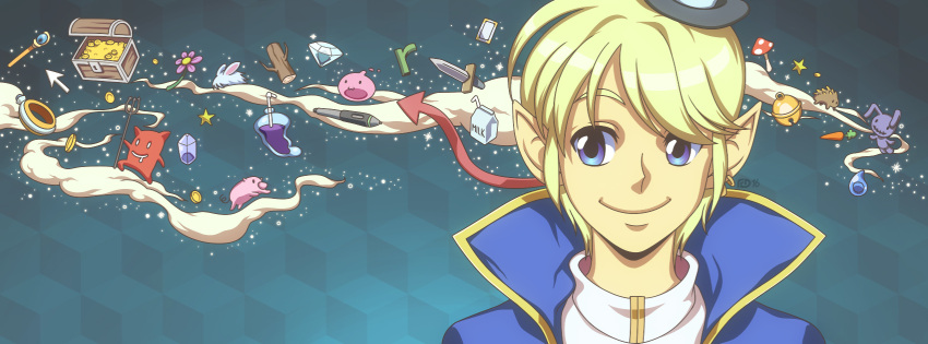 1boy, :3, alternate_color, blonde_hair, blue_background, blue_cape, blue_eyes, cape
