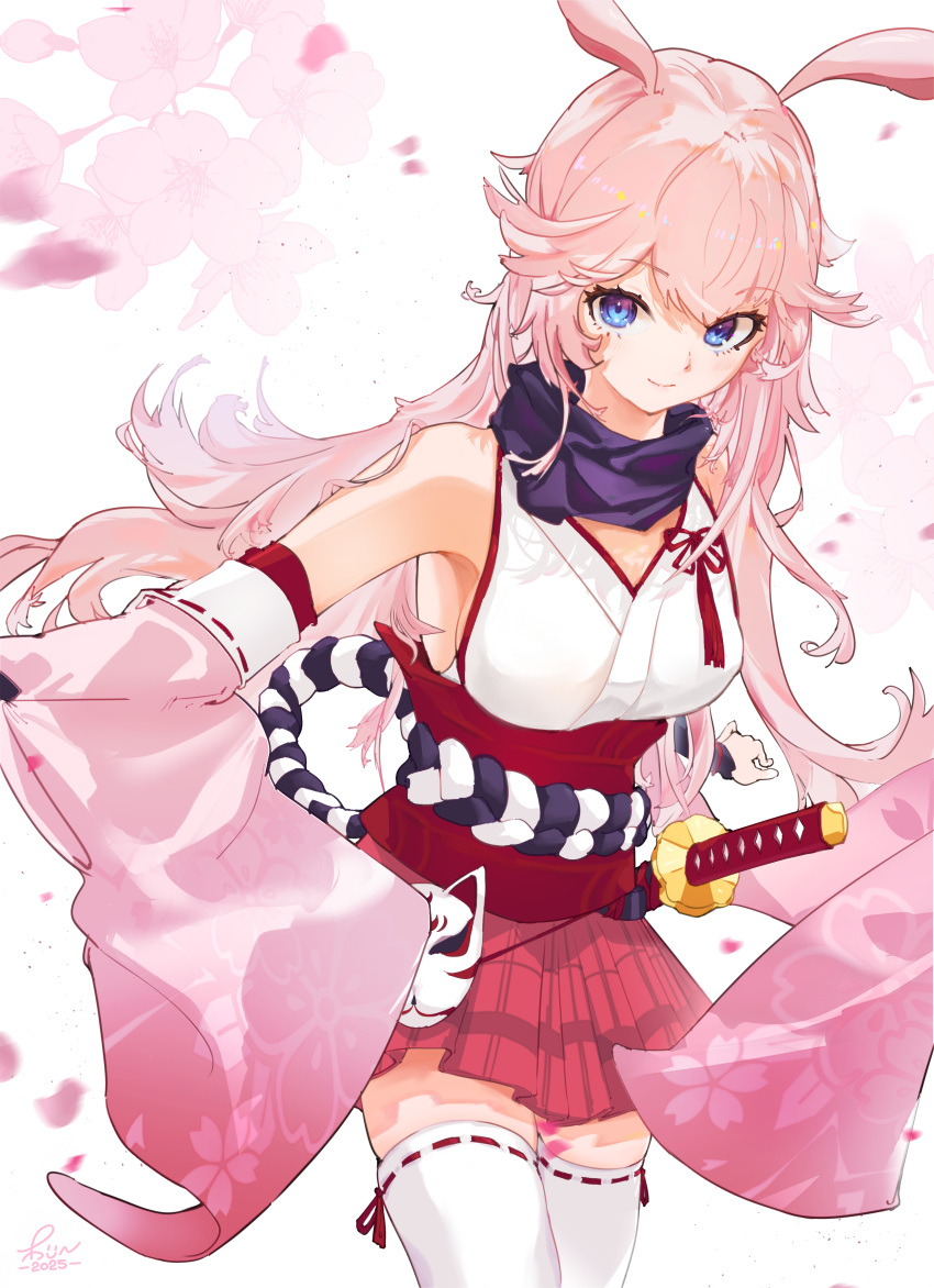 1girl, absurdres, animal_ears, applelin, bare_shoulders, blue_eyes, breasts, cherry_blossoms