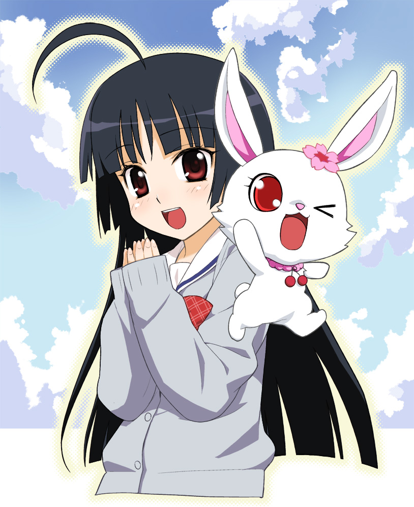 1girl, ahoge, black_hair, cardigan, clouds, commentary_request, jewelpet_(creature), jewelpet_(series), jewelpet_sunshine, looking_at_viewer, mizushiro_kanon, open_mouth, own_hands_together, red_eyes, ruby_(jewelpet), sky, smile, upper_body, yaya_hinata