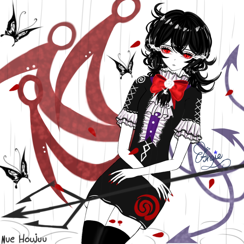 black_dress, black_hair, black_skirt, colored_skin, dress, houjuu_nue, houjuu_nue_(nue), non-web_source