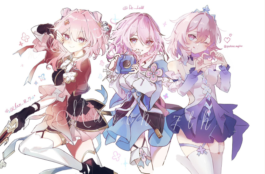 3girls, artist_collaboration, bare_shoulders, blue_eyes, camera, chinese_clothes, commentary_request, de_1aw, heart, heart_hands, highres, holding, holding_camera, holding_sword, holding_weapon, honkai:_star_rail, honkai_(series), kino-cands, looking_at_viewer, mandarin_collar, march_7th_(honkai:_star_rail), march_7th_(hunt)_(honkai:_star_rail), march_7th_(nascent_spring)_(honkai:_star_rail), march_7th_(preservation)_(honkai:_star_rail), medium_hair, multiple_girls, multiple_persona, official_alternate_costume, official_alternate_hairstyle, pink_eyes, pink_hair, pink_pupils, shuangyaji, smile, sword, tiara, twitter_username, two-tone_eyes, weapon, white_background, yoshino_mugiko