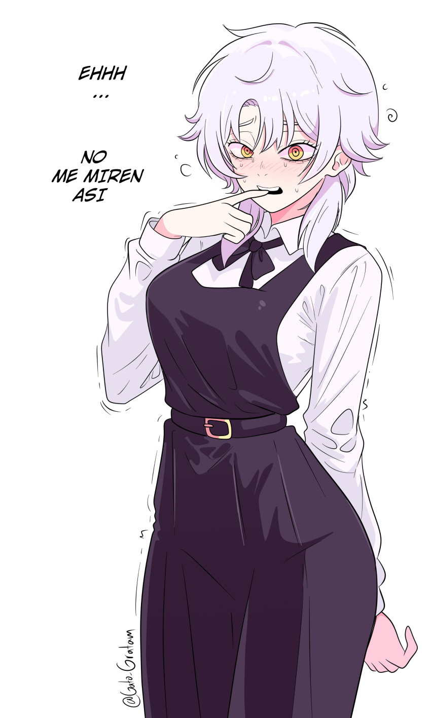 1girl, absurdres, biting_own_finger, black_dress, chainsaw_man, collared_shirt, commentary_request, dress