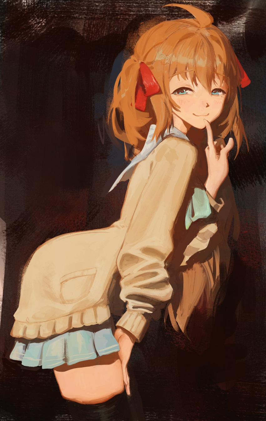 1girl, ahoge, arched_back, black_background, black_thighhighs, blue_eyes, blue_sailor_collar, blue_skirt