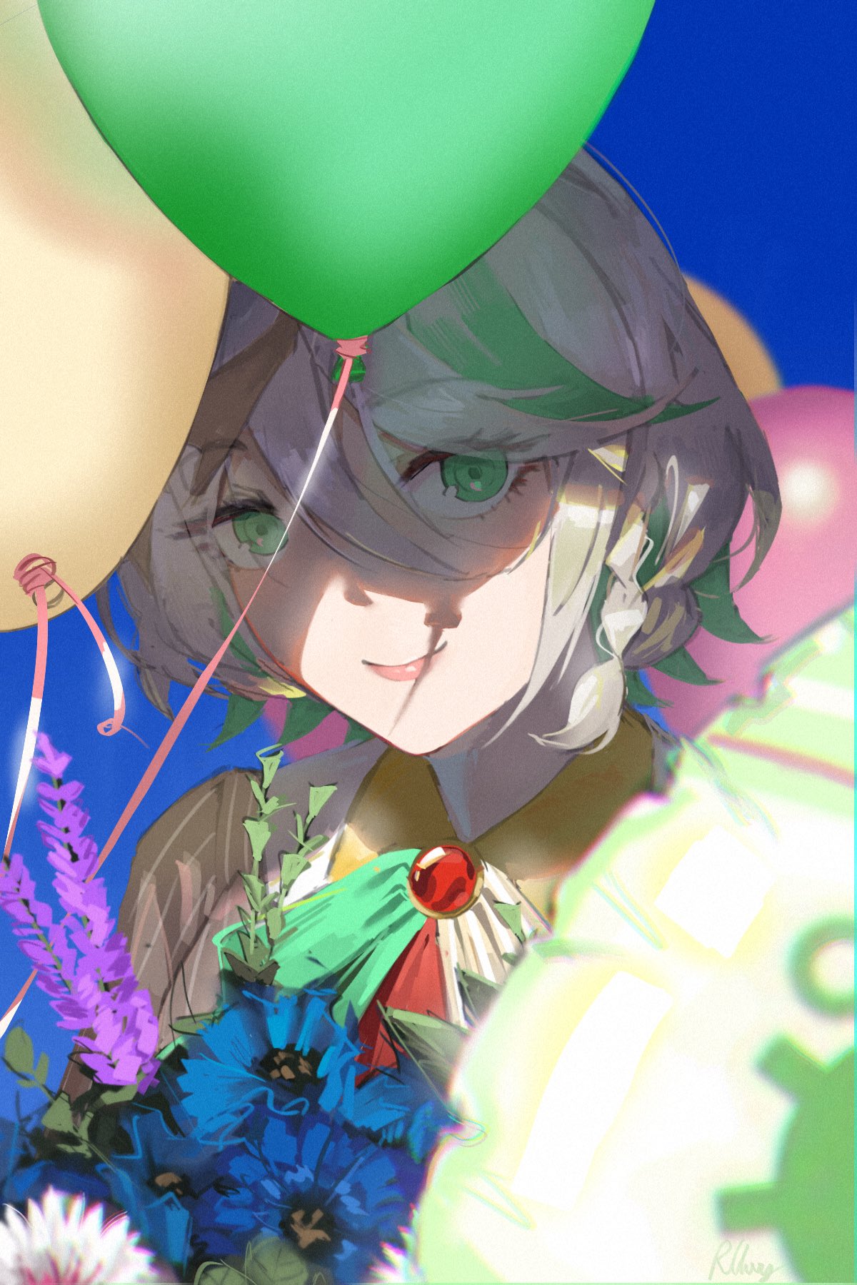 1girl, balloon, blue_background, blue_flower, bouquet, cecilia_immergreen, closed_mouth, english_commentary