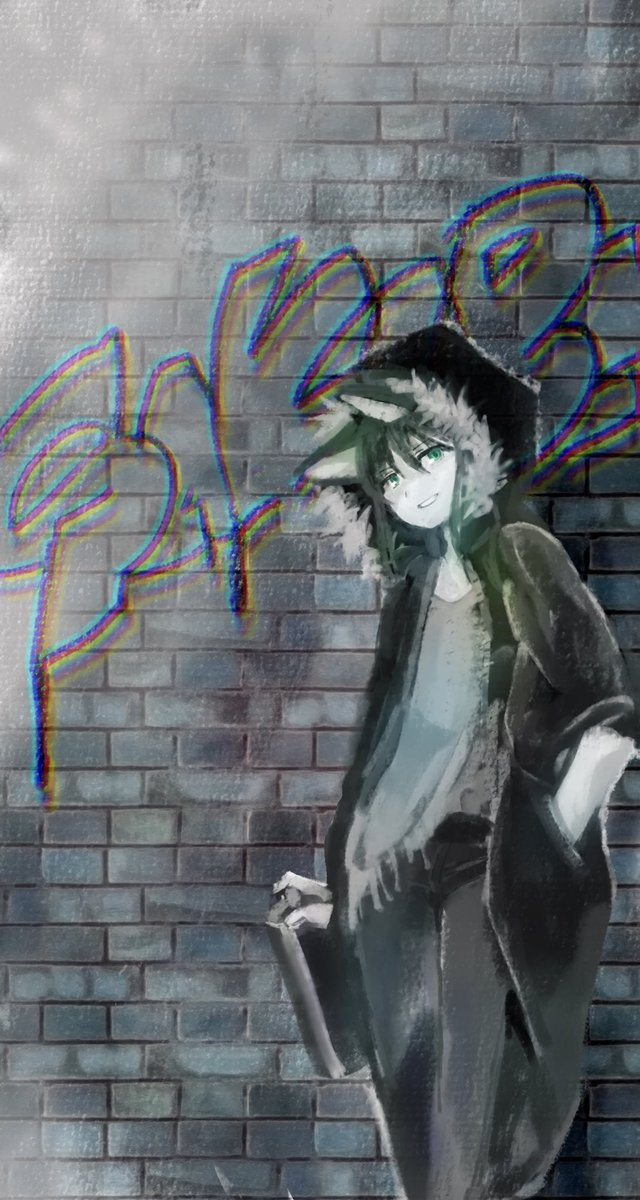 1boy, animal_ears, bad_id, bad_twitter_id, brick_wall, cat_ears, green_eyes, green_hair
