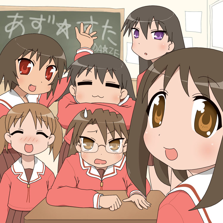 6+girls, arm_on_another's_head, azumanga_daioh, azumanga_daioh's_school_uniform, brown_eyes, brown_hair, comedic_sweatdrop, fang, glasses, kagura_(azumanga_daioh), kasuga_ayumu, light_blush, looking_at_viewer, lucky_star, mihama_chiyo, mizuhara_koyomi, multiple_girls, open_mouth, parody, pink_shirt, red_eyes, red_skirt, sakaki_(azumanga_daioh), school_uniform, serafuku, shirosato, shirt, short_twintails, skirt, smile, style_parody, takino_tomo, translated, twintails, violet_eyes, waving, winter_uniform