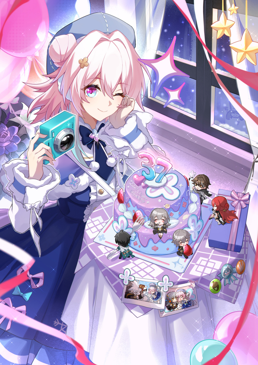 1girl, absurdres, adapted_costume, alternate_hairstyle, anjilu, balloon, birthday_cake, blue_dress