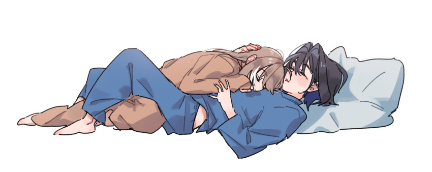 2girls, anco_(platanity), black_hair, blue_pants, blue_shirt, brown_hair, brown_pants, brown_shirt