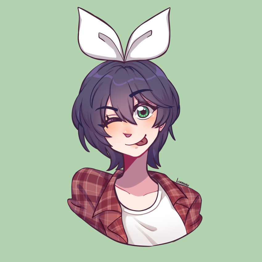 absurdres, black_hair, commission, green_eyes, hair_ribbon, highres, linyuusu, one_eye_closed