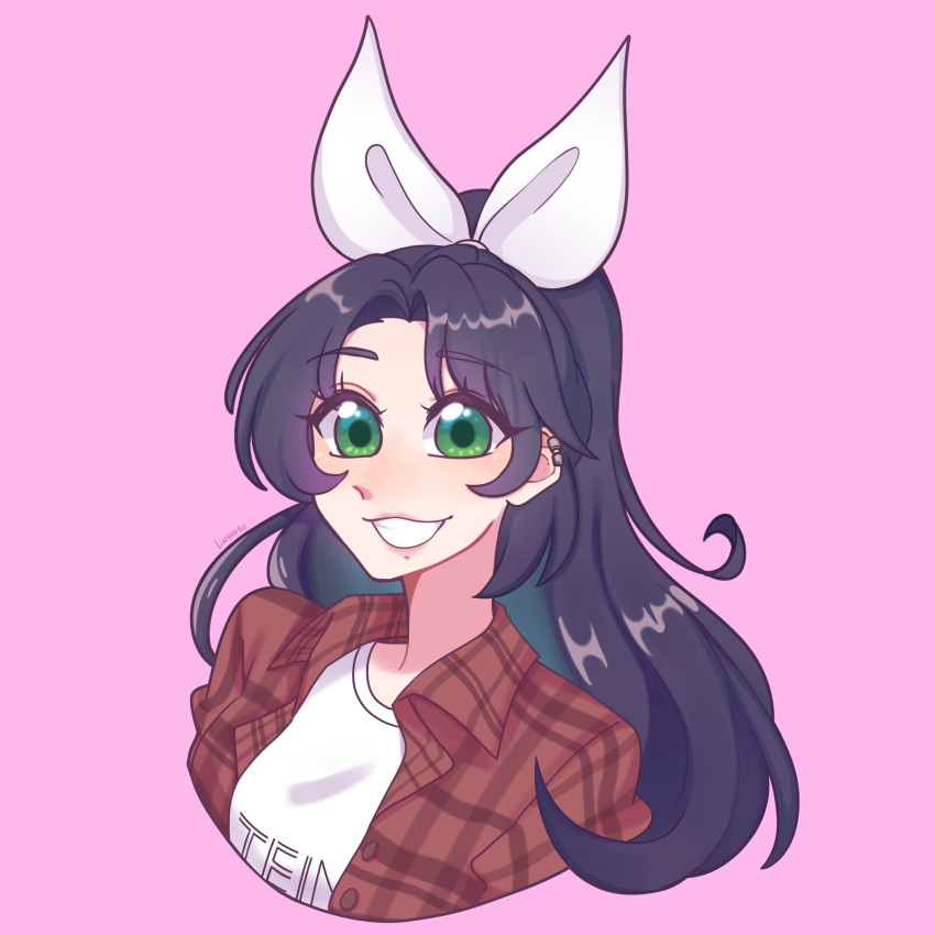 absurdres, black_hair, commission, company_name, earrings, green_eyes, hair_ribbon, highres