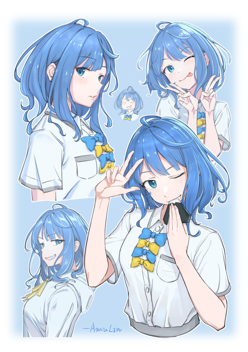 1girl, absurdres, artist_name, blue_eyes, blue_hair, bow, bowtie, buttons