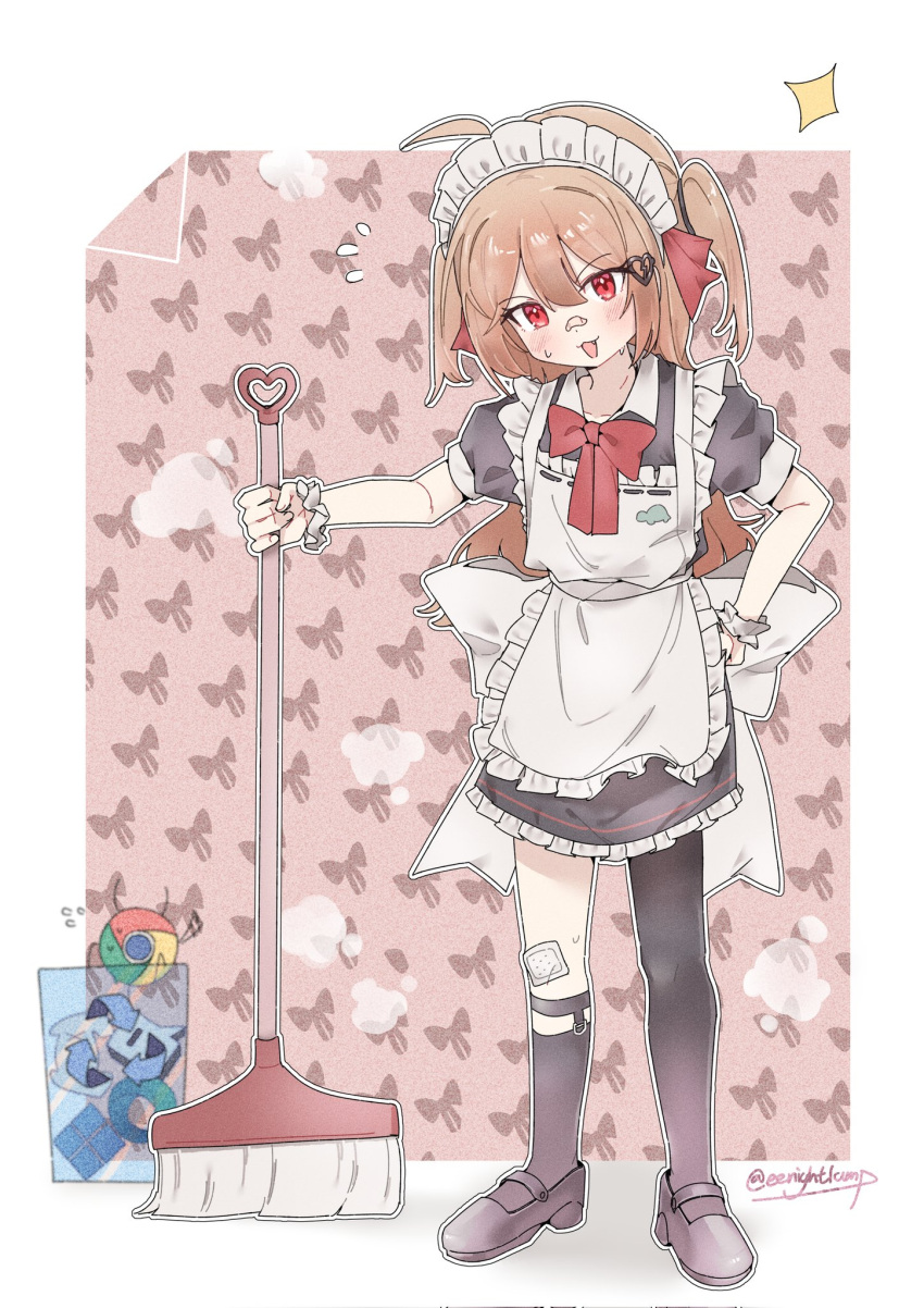 1girl, ahoge, apron, artist_name, asymmetrical_legwear, back_bow, bandaid, bandaid_on_knee