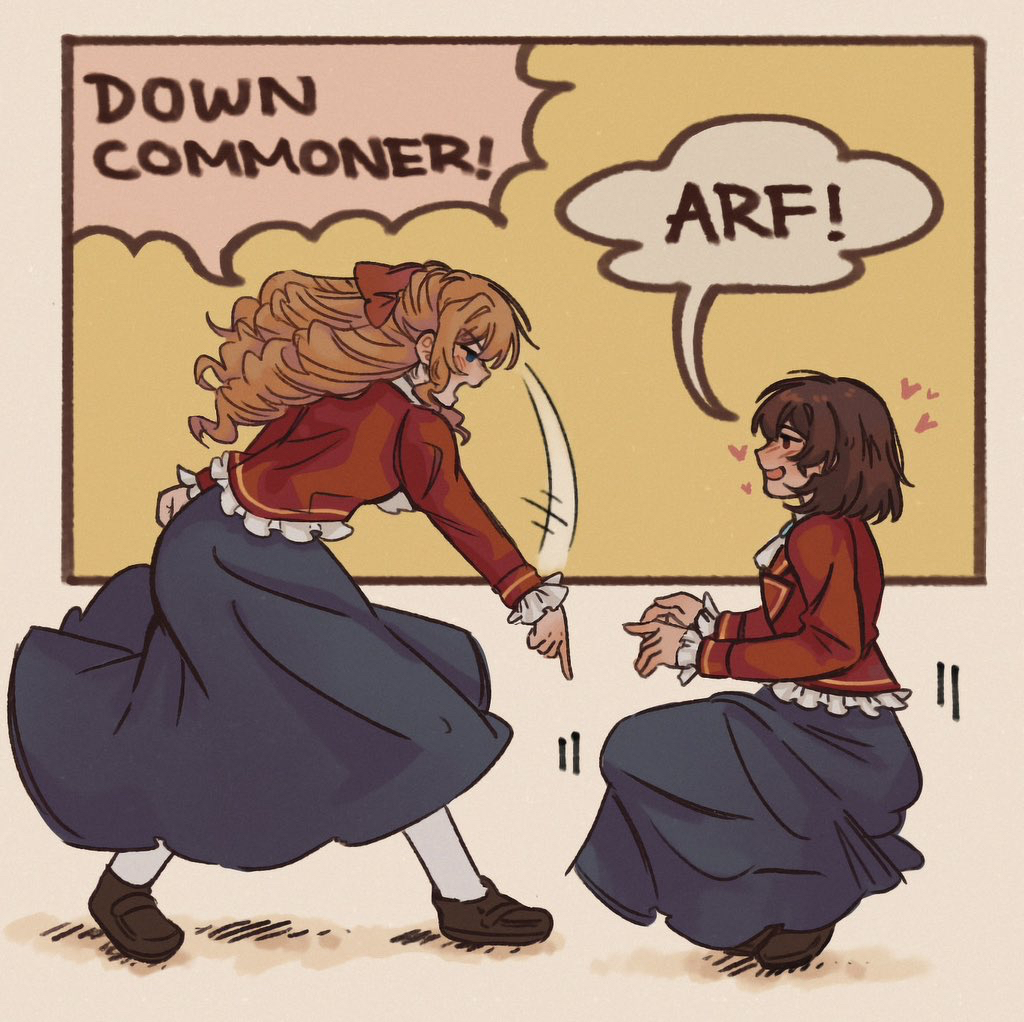 2girls, blonde_hair, blue_dress, blue_eyes, blush, brown_hair, claire_francois, down_boy!!_(meme)