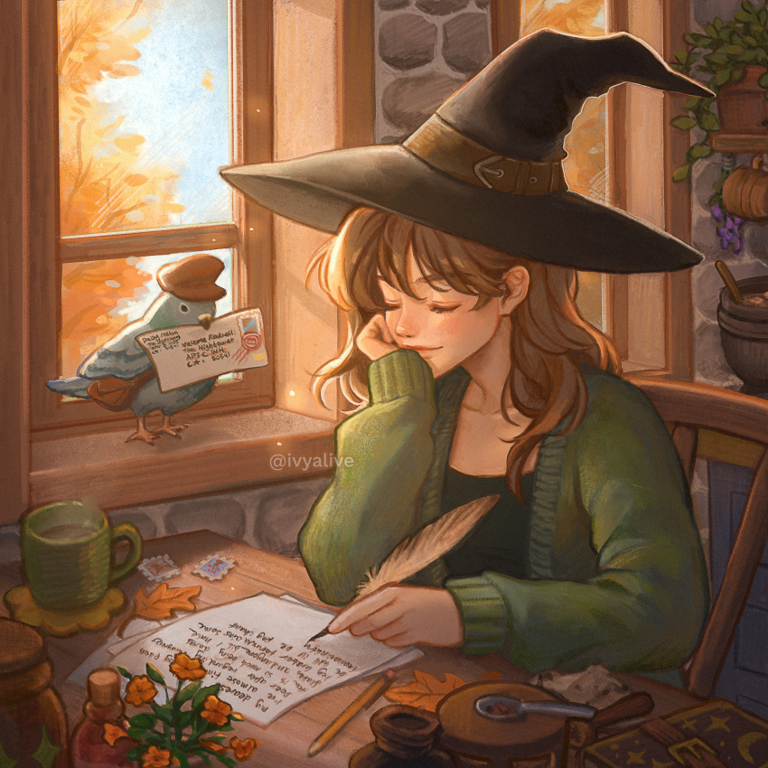 1girl, absurdres, arm_support, autumn_leaves, bird, black_hat, black_shirt, blue_bird