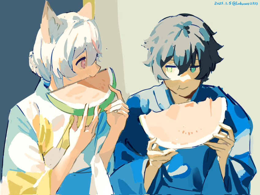1boy, 1girl, animal_ears, annytf, artist_name, black_hair, blue_kimono, chinese_commentary