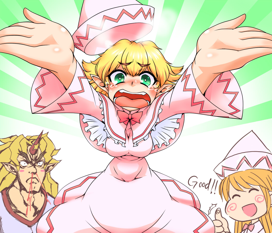 blonde_hair, blood, blush, bondo, breasts, closed_mouth, cosplay, green_eyes