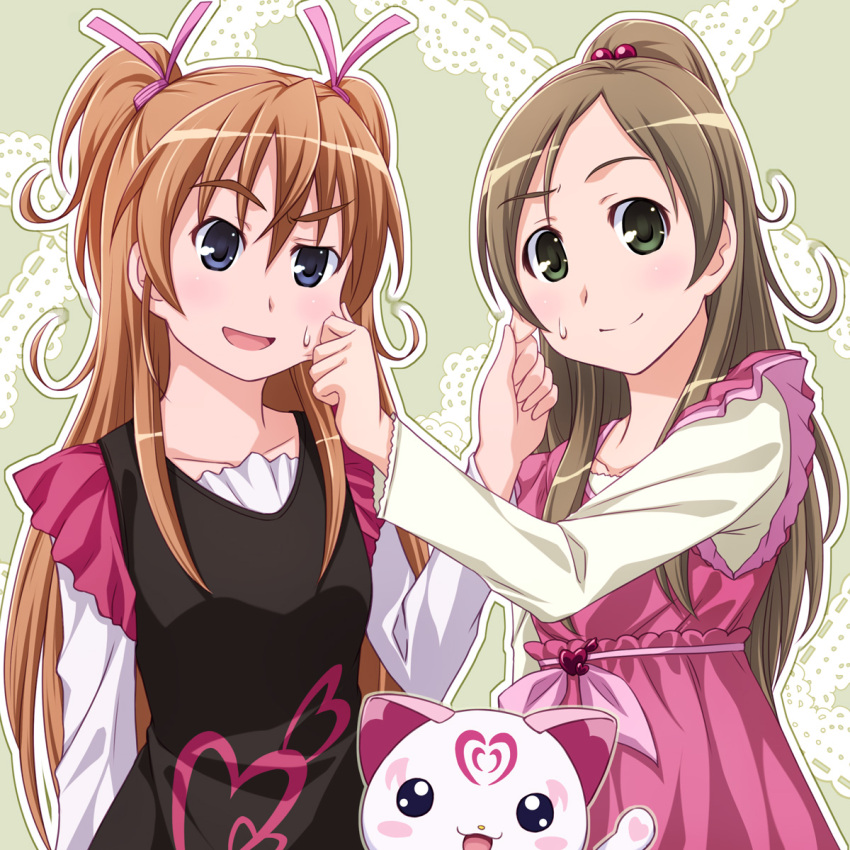 blue_eyes, blush, brown_hair, cat_ears, dress, green_eyes, hair_ribbon, hammy