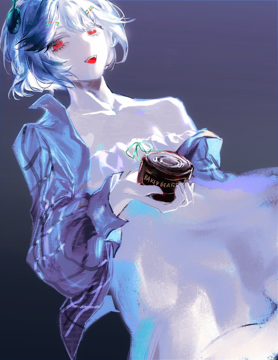 1girl, black_background, blue_jacket, can, canned_food, collarbone, commentary, cowboy_shot, dress, ellie_minibot, english_commentary, flat_chest, food, fruit, gradient_background, hair_between_eyes, highres, holding, holding_food, holding_fruit, indie_virtual_youtuber, jacket, liquain, looking_at_viewer, open_mouth, red_eyes, short_hair, solo, teeth, upper_teeth_only, virtual_youtuber, white_dress, white_hair