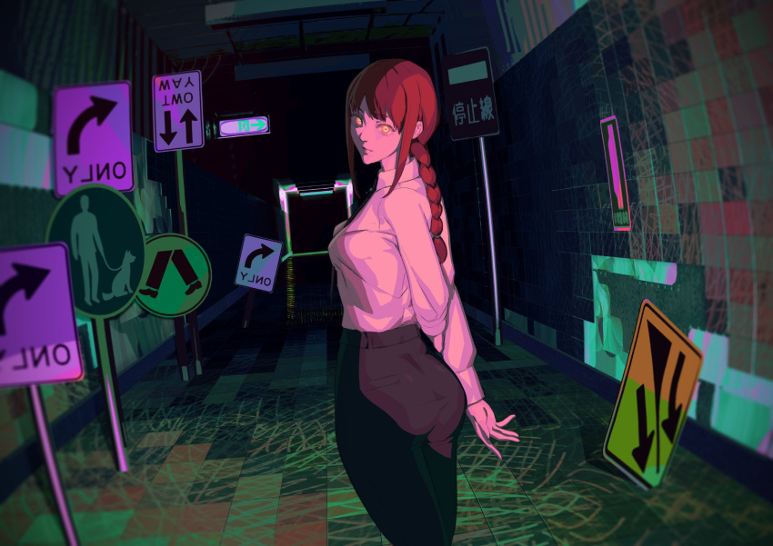 1girl, arms_behind_back, black_necktie, black_pants, braid, braided_ponytail, chainsaw_man, dark