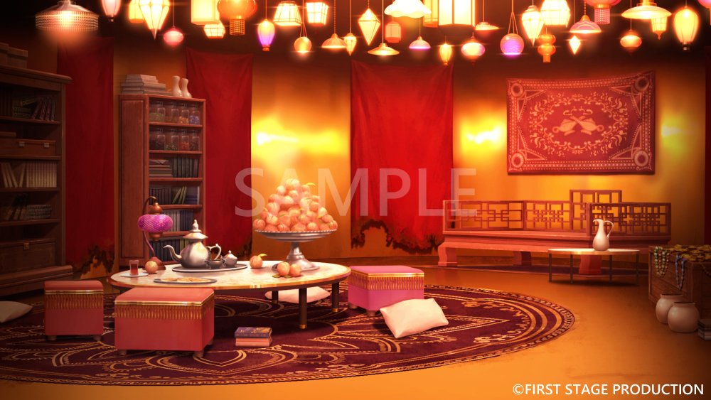 book, book_stack, bookshelf, burnt, copyright_notice, couch, cup, curtains, cushion, drinking_glass, first_stage_production, food, fruit, fruit_bowl, hanging_light, indoors, jug_(bottle), lamp, lantern, malim_cendari, middle_eastern_architecture, mikiproject_4, no_humans, official_art, peach, plate, rug, sample_watermark, scenery, stool, table, tea, teacup, teapot, tray, treasure_chest, vase, watermark