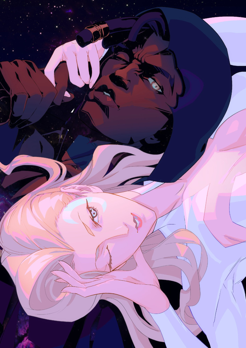 1boy, 1girl, black_cloak, black_hair, blonde_hair, blue_eyes, bodysuit, brown_eyes
