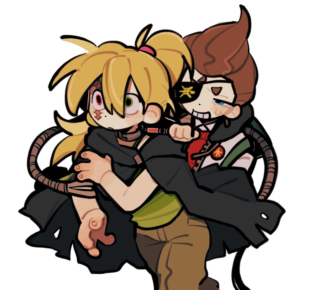 1boy, 1girl, blonde_hair, brown_hair, cindy_vortex, cloak, eyepatch, heterochromia