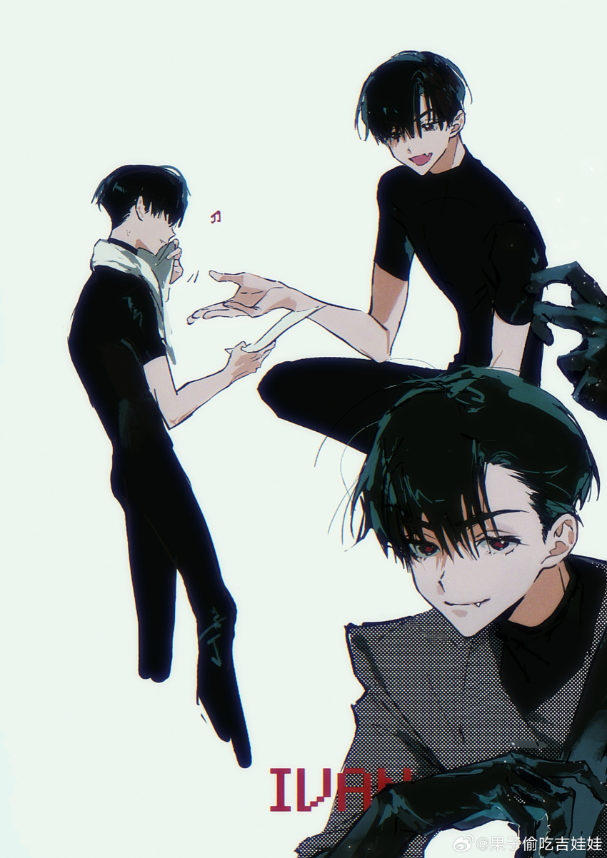 1boy, absurdres, alien_stage, artist_name, black_hair, black_pants, black_shirt, blazer, character_name, chinese_commentary, commentary, fang, grey_jacket, guozi_touchi_jiwawa, highres, ivan_(alien_stage), jacket, multiple_views, open_mouth, pants, red_pupils, shirt, short_hair, short_sleeves, skin_fang, smile, towel, towel_around_neck, turtleneck, turtleneck_shirt, very_short_hair, watermark, weibo_watermark