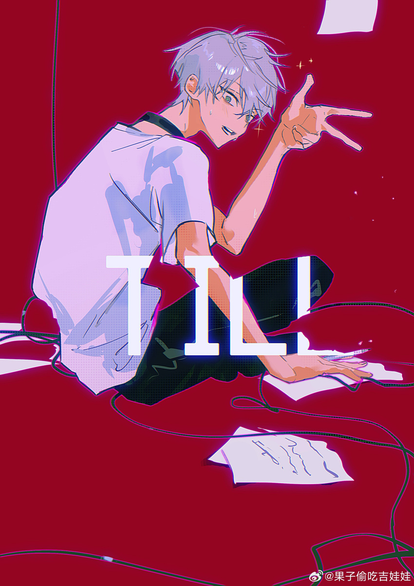 1boy, absurdres, alien_stage, artist_name, black_pants, character_name, chinese_commentary, commentary, from_side, green_eyes, grey_hair, guozi_touchi_jiwawa, highres, looking_at_viewer, male_focus, open_mouth, pants, paper, red_background, shirt, short_hair, solo, till_(alien_stage), very_short_hair, w, watermark, weibo_watermark, white_shirt