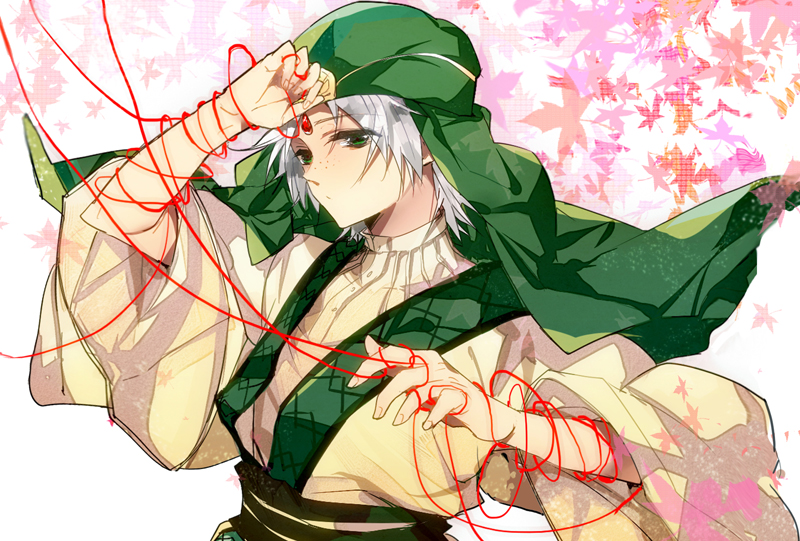 1boy, arabian_clothes, autumn_leaves, buttons, closed_mouth, commentary_request, dress_shirt, expressionless