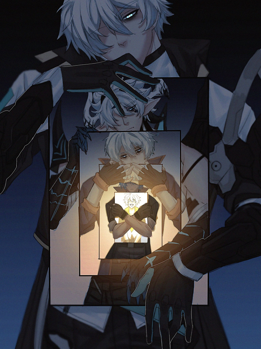 1boy, black_gloves, blue_eyes, chihuahuarien, commentary, derivative_work, diabolic_kevin_(honkai_impact), english_commentary, fingerless_gloves, gloves, highres, holding, holding_mirror, honkai_(series), honkai_impact_3rd, infinity_mirror, kevin_kaslana, long_sleeves, male_focus, mirror, parody, pointy_ears, short_hair, smile, tongari_boushi_no_atelier, very_short_hair, white_hair