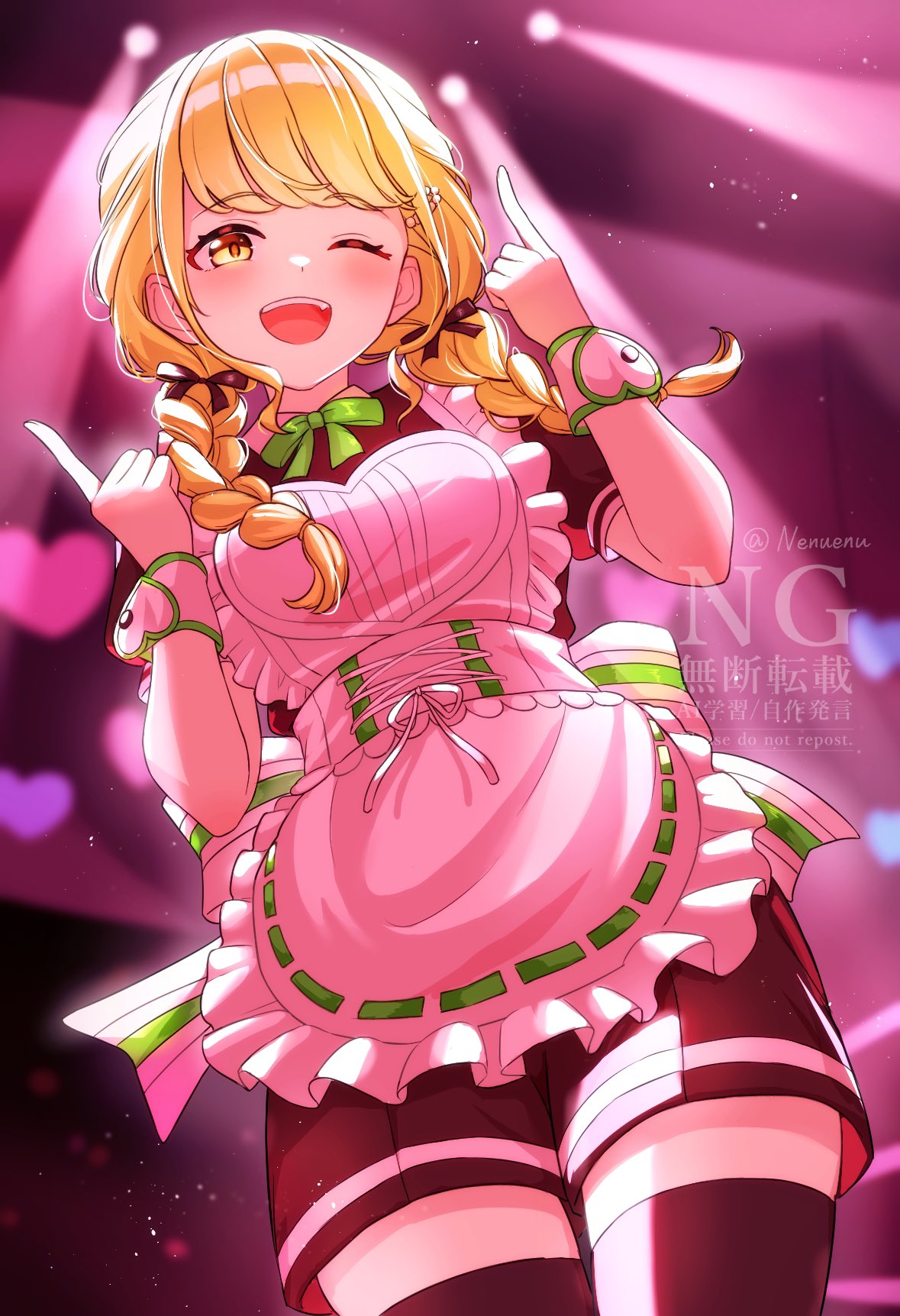 1girl, apron, black_ribbon, black_shirt, black_shorts, black_thighhighs, blonde_hair, blush