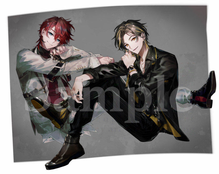 2boys, ankle_boots, arm_belt, belt, black_boots, black_hair, black_jacket, black_pants, black_shirt, black_shoes, black_suit, black_vest, blonde_hair, blue_eyes, boots, border, bracelet, chain, chain_necklace, chashibu, closed_mouth, colored_shoe_soles, crossed_legs, cuff_links, curtained_hair, ear_chain, ear_piercing, earclip, earrings, full_body, grey_background, hair_between_eyes, hair_ornament, hairclip, hand_up, jacket, jewelry, knee_up, knees_up, lace-up_boots, light_akarui, long_sleeves, looking_at_viewer, male_focus, meteorites_(stpr), multicolored_hair, multiple_boys, multiple_rings, necklace, official_art, open_clothes, open_jacket, orange_eyes, outside_border, pants, parted_bangs, parted_lips, piercing, pinstripe_pants, pinstripe_pattern, red_hair, red_shirt, ring, rose_(meteorites), sample_watermark, shirt, shoes, short_hair, sitting, streaked_hair, suit, suit_jacket, turtleneck, vest, watch, watermark, white_border, white_jacket, white_pants, white_suit, wing_collar, yellow_belt, zipper