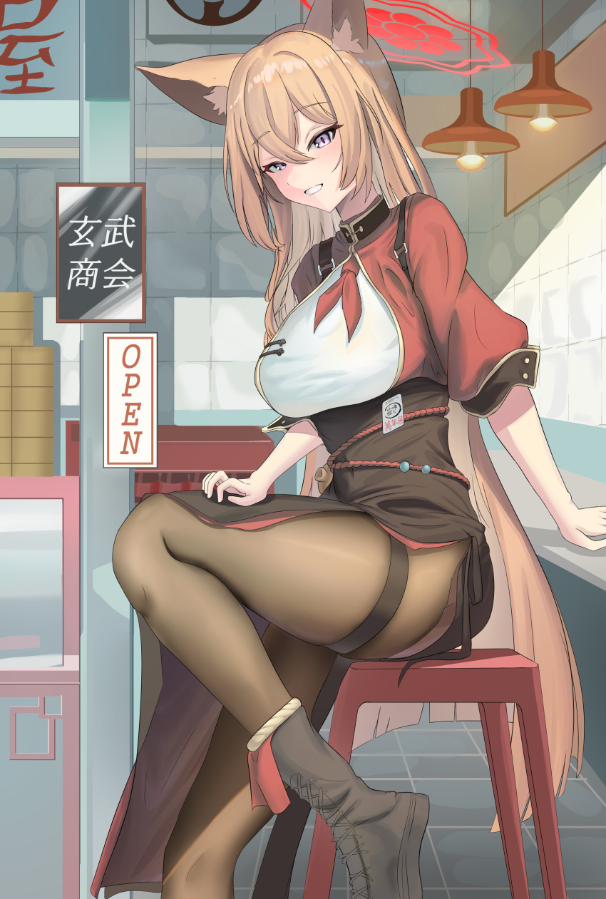1girl, absurdres, animal_ears, bamboo_steamer, blue_archive, boots, breasts, brown_hair, chinese_clothes, crossed_bangs, dress, fox_ears, hair_between_eyes, halo, hanging_light, highres, indoors, lace-up_boots, large_breasts, long_hair, looking_at_viewer, open_mouth, pantyhose, red_halo, rumi_(blue_archive), shirt, short_sleeves, sitting, smile, solo, user_ptwm4725, very_long_hair, violet_eyes