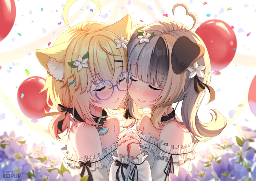 2girls, ahoge, animal_collar, animal_ears, balloon, bare_shoulders, black_choker, black_collar