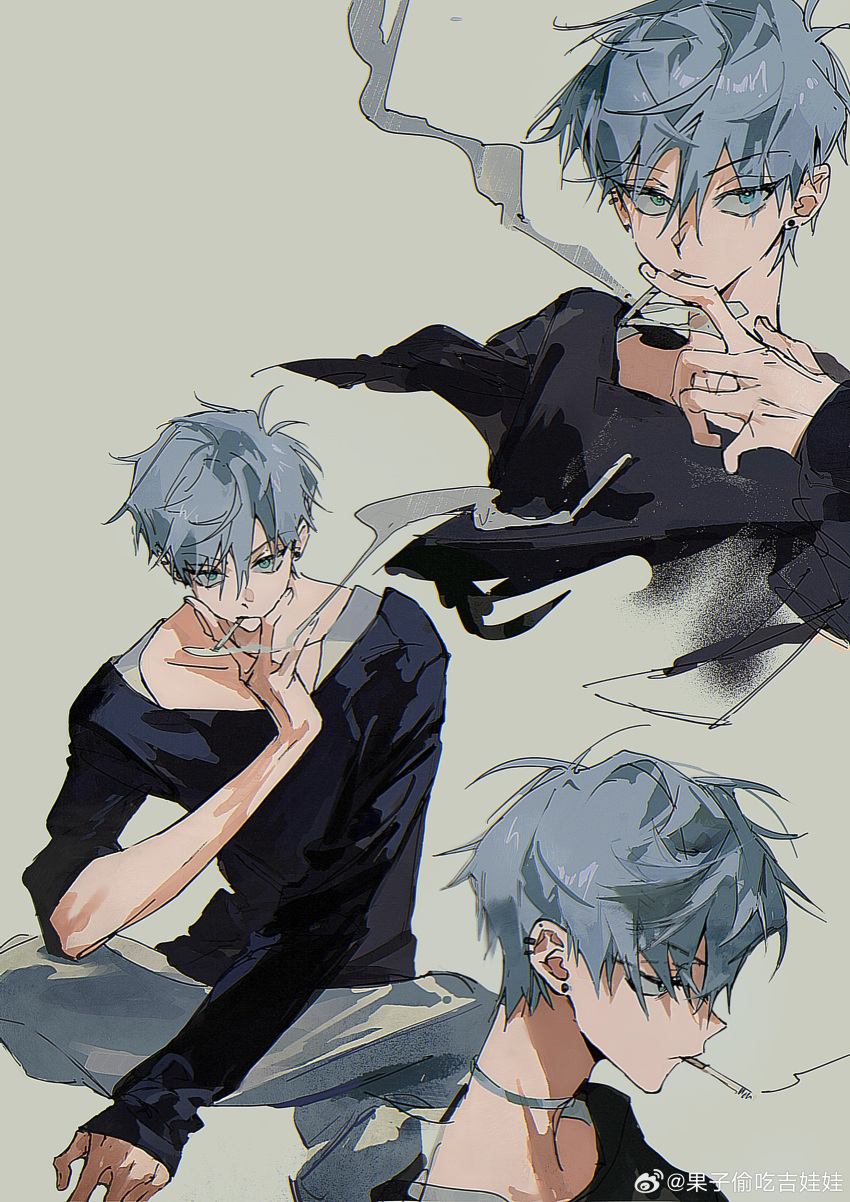 1boy, absurdres, alien_stage, black_shirt, chinese_commentary, choker, cigarette, commentary_request