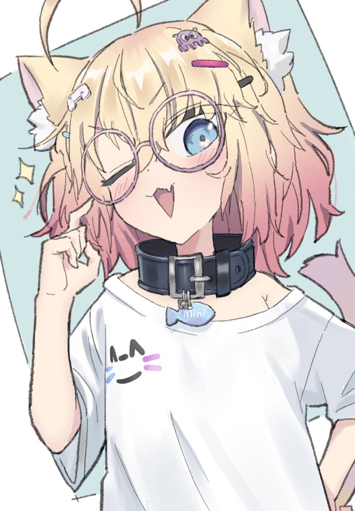 1girl, ahoge, animal_collar, animal_ears, black_collar, blonde_hair, blue_eyes, cat_ears