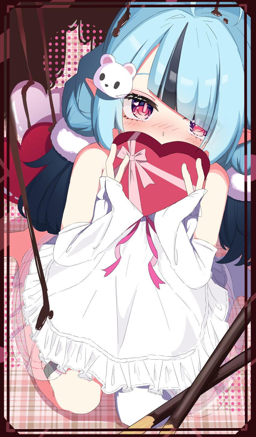 1girl, absurdres, bear_hair_ornament, black_hair, blue_hair, blush, box, chocolate