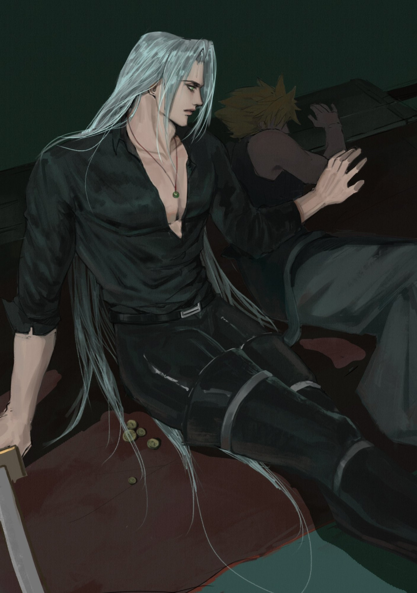 2boys, alternate_costume, black_shirt, blonde_hair, boots, buster_sword, closed_mouth, cloud_strife, final_fantasy, final_fantasy_vii, frost9792, grey_hair, highres, holding, holding_sword, holding_weapon, jewelry, long_hair, looking_at_another, looking_to_the_side, lying, male_focus, masamune_(ff7), multiple_boys, necklace, on_side, partially_unbuttoned, reaching, reaching_towards_another, sephiroth, shirt, sleeping, spiky_hair, sword, thigh_boots, weapon