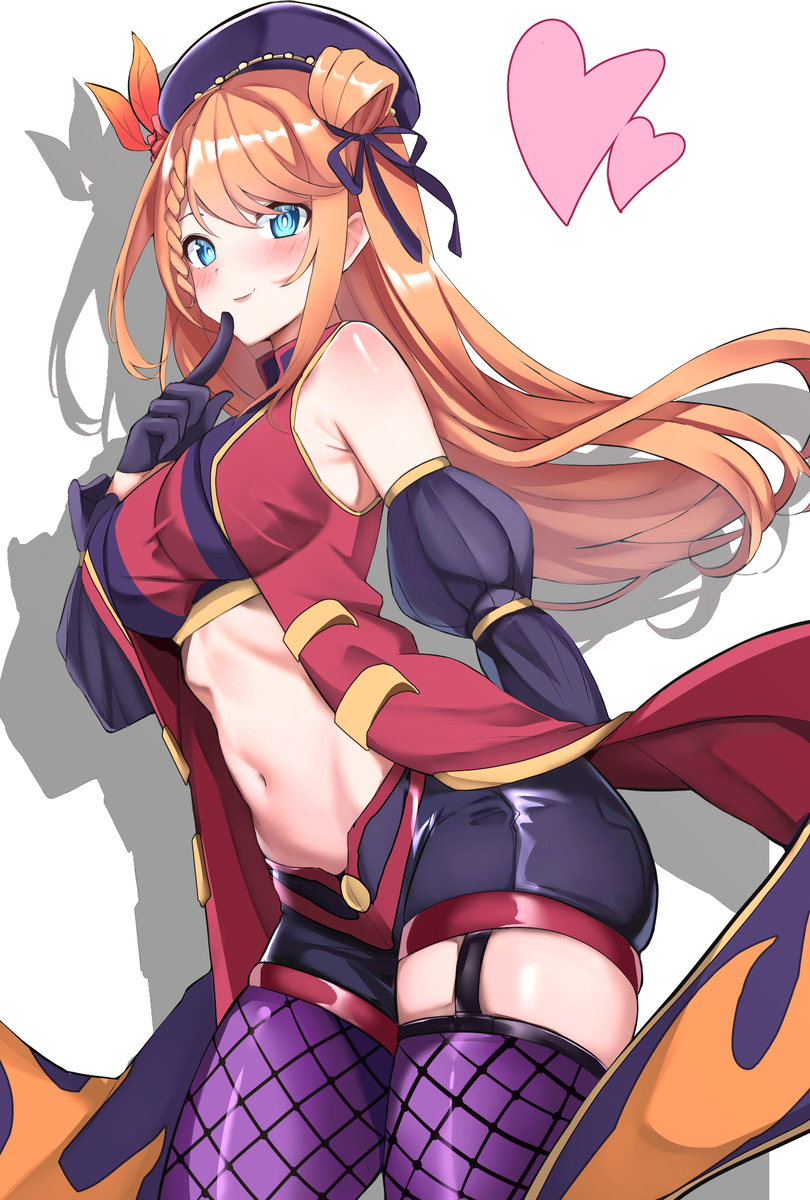 1girl, black_gloves, blue_eyes, braid, detached_sleeves, finger_to_mouth, fishnets, flame_print, garter_belt, gloves, hair_bun, hat, heart, highres, kasumi_6, long_hair, lucy_monroe, midriff, navel, orange_hair, original, ribbon, shorts, single_hair_bun