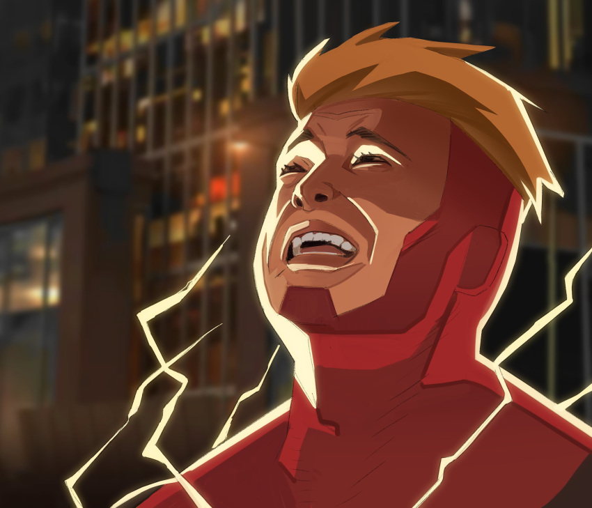 1boy, aaron_paul, absurdres, blonde_hair, breaking_bad, character_request, close-up, highres, invincible_(series), jesse_pinkman, lightning, meme, parody, screaming, superhero_costume, voice_actor_connection, xyanaid