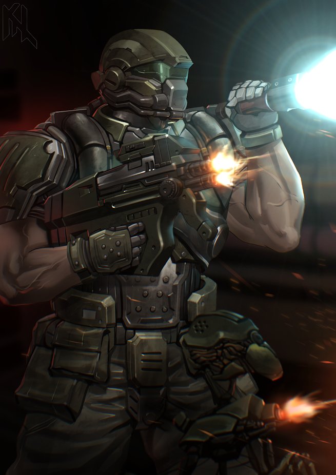1boy, 1other, armor, artist_logo, blurry, blurry_background, doom_(series), doom_3