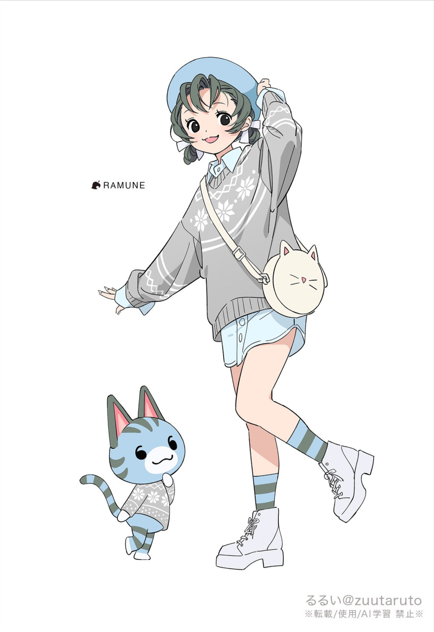 1girl, animal, animal_bag, animal_crossing, ankle_socks, artist_name, bag, black_eyes, blue_hat, blue_shirt, blue_socks, bow, buttons, cat, character_name, clothed_animal, collared_shirt, commentary_request, copyright_notice, creature_and_personification, cross-laced_shoes, dot_nose, dress_shirt, eyelashes, fingernails, full_body, green_hair, grey_socks, grey_sweater, hair_bow, hand_on_headwear, happy, hat, highres, leaf, leg_up, lolly_(animal_crossing), long_sleeves, low_twintails, moya_(toatomoot), open_mouth, oversized_clothes, personification, shirt, shoes, short_hair, short_twintails, shoulder_bag, simple_background, sleeves_past_wrists, smile, sneakers, snowflake_print, socks, standing, striped_clothes, striped_socks, sweater, twintails, two-tone_socks, white_background, white_bag, white_bow, white_shoes