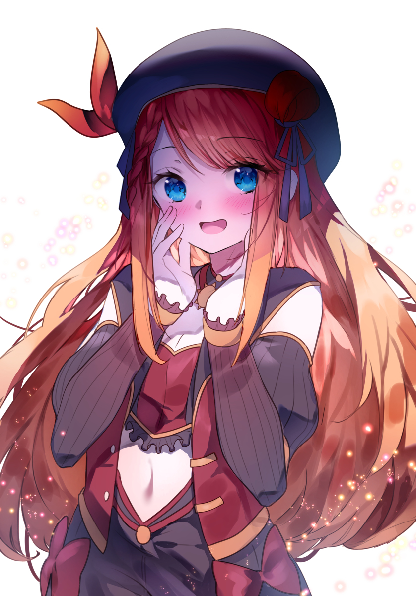 1girl, beret, blue_eyes, braid, commission, detached_sleeves, hair_bun, hat