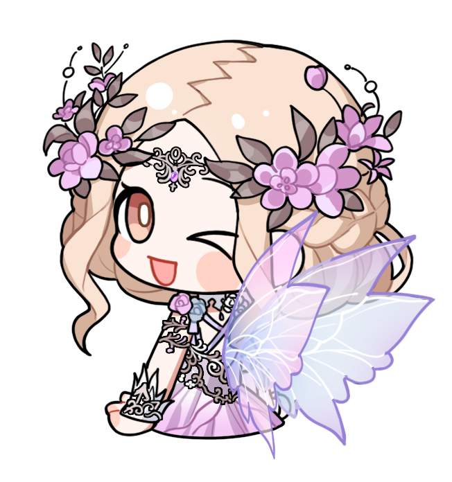 >_o, 1girl, armlet, artist_request, blonde_hair, blooming_dreams_(infinity_nikki), blue_flower, blue_rose, blush_stickers, bracelet, bright_pupils, brown_eyes, chibi, circlet, criss-cross_back-straps, cropped_legs, dress, eyelashes, fairy_wings, flower, from_behind, gown, hair_flower, hair_ornament, half_up_half_down_braid, happy, infinity_nikki, jewelry, looking_at_viewer, looking_back, medium_hair, nikki_(series), official_art, one_eye_closed, open_mouth, purple_dress, purple_flower, purple_rose, purple_wings, rose, smile, solo, speech_bubble, tareme, transparent_background, transparent_wings, white_pupils, white_wrist_cuffs, wings, wrist_cuffs