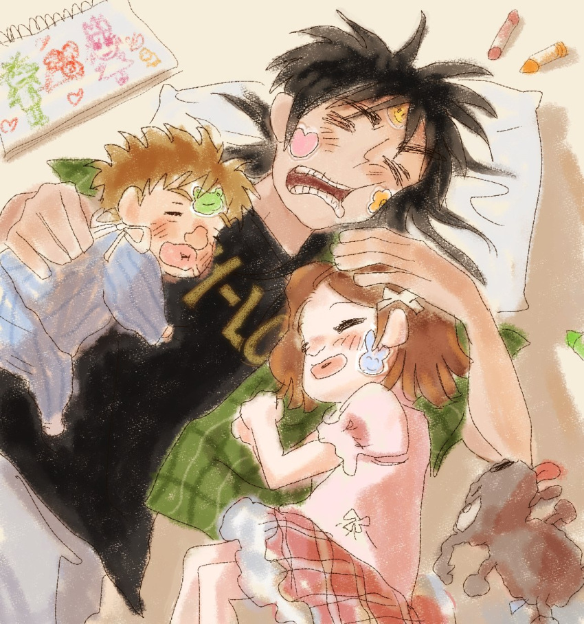 1girl, 2boys, baby, black_hair, black_shirt, blouse, blue_pajamas, blue_pants